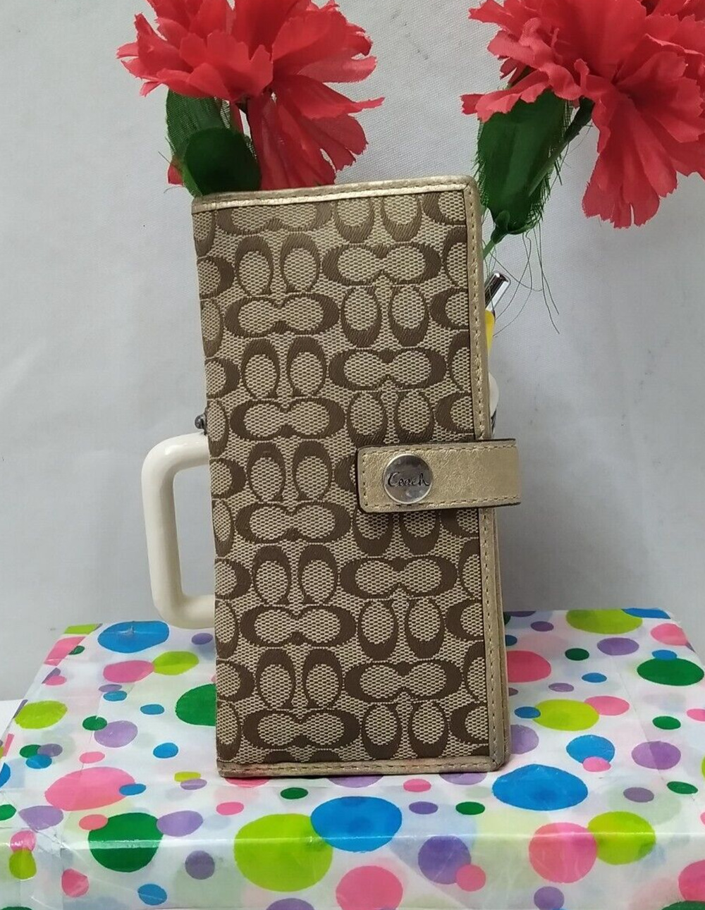 Coach Signature Tan Canvas Gold Leather Trim Credit Card Bifold Wallet